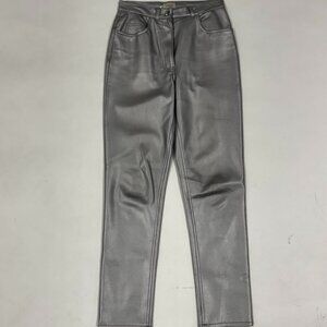 Vintage 90s Silver Faux Leather Pants – High Waist, Tapered Fit